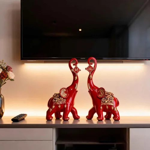 Vista 9 de Estatuas de elefante rojo para decoración del hogar, un par de estatuas de elefante de la suerte rojas y esculturas decorativas para la sala