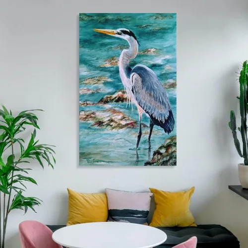Vista 6 de Lienzo de arte de aves marinas, pintura al óleo, pintura al óleo, arte de pared de garza azul, decoración de habitación, estética, animal, pósteres