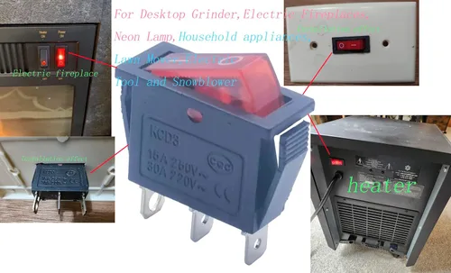 Vista 4 de Interruptor basculante iluminado de 3 pines y 2 posiciones en rojo para amoladora de escritorio, chimeneas eléctricas, lámparas de neón