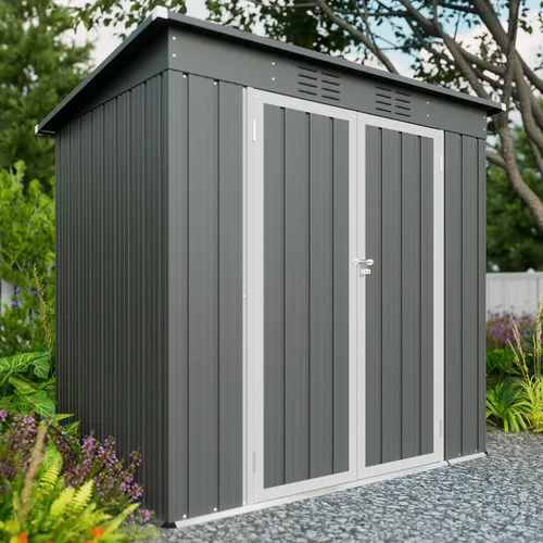Vista 2 de Thanaddo Cobertizo de almacenamiento de metal para exteriores de 4x6 pies, cobertizo de herramientas de acero para utilidades con puertas dobles