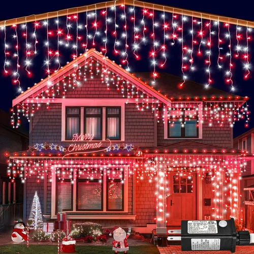 Vista 18 de Luces de carámbano de 33 pies para exteriores, luces de Navidad rojas y verdes para exteriores e interiores, 400 luces LED con 75 caídas, con Rojo