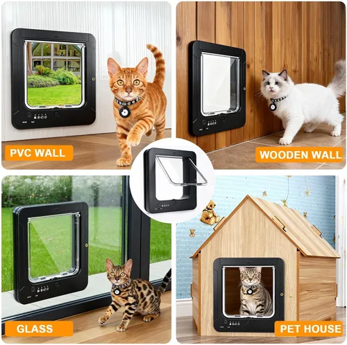 Vista 4 de Puerta inteligente para gatos para interior y exterior, puerta para mascotas con 3 llaves de sensor de collar y 1 control remoto y bloqueo de 4 vías