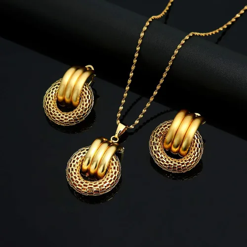 Vista 5 de Conjuntos de joyas árabes de Dubai para mujer, collar y aretes de moda de color dorado africano etíope, Latón, n