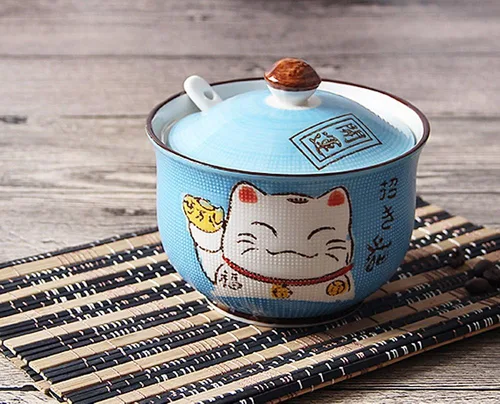 Vista 3 de Cerámica japonesa Maneki Neko Lucky Cat Azúcar Sal Pimienta Tarro de almacenamiento con tapa y cuchara