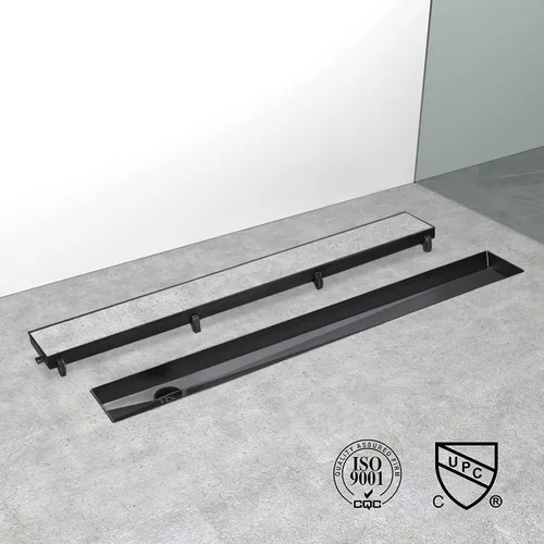Vista 4 de Drenaje de ducha lineal de 24 pulgadas, cepillo de acero inoxidable 304 negro Offset Side Outlet,Easy to install,Tile-In Grate,Hair