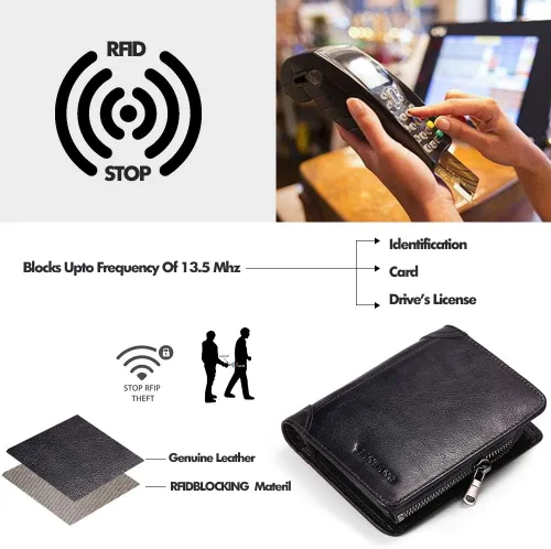 Vista 17 de Billetera para hombre con cremallera de cuero genuino RFID tarjeteros de piel de vaca con cremallera bolsillo para monedas, carteras plegables