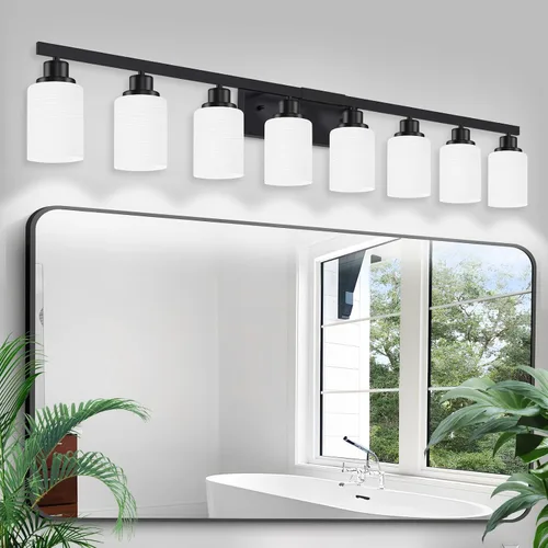 Vista 22 de Juego de 2 apliques de pared para baño, 1 luz negra, apliques de pared modernos para interiores con pantallas de vidrio blanco, lámpara de pared