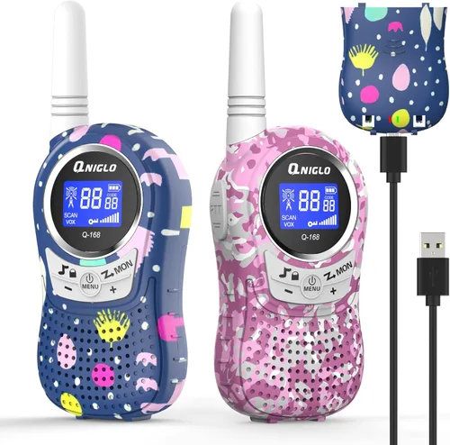 Vista 10 de QNIGLO Walkie Talkies para acampar para niños recargables, Walkie Talkies de camuflaje para niños y niñas, adecuados para juegos de aventura al aire