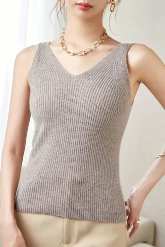 Vista 3 de LINY XIN Chaleco de punto 100 % lana merino para mujer, con cuello en V, sin mangas, liso, clásico