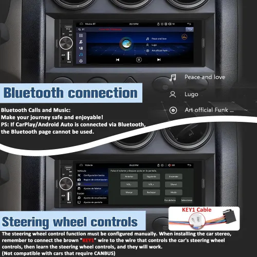Vista 5 de Estéreo Universal Single Din para Automóvil con CarPlay Inalámbrico y Android Auto, Unidad Principal de Pantalla Táctil IPS de 6.36 Pulgadas
