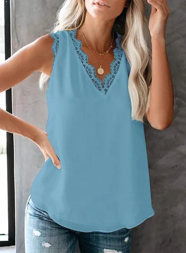 Vista 116 de VIISHOW - Camiseta sin mangas, sexy, con cuello en V y bordes de encaje para mujer, camisola de vestir, camisas de gasa, sin mangas, casuales