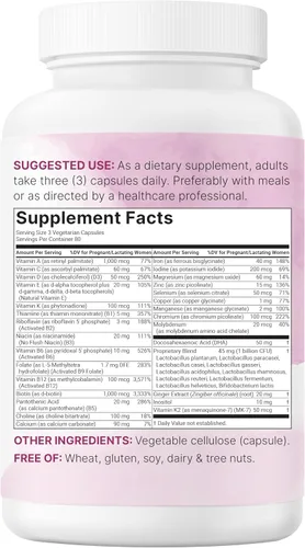 Vista 6 de Vitaminas prenatales metiladas puras para mujeres, 240 cápsulas vegetales 38 en 1 con DHA, colina, probióticos, manganeso, inositol y vitamina A
