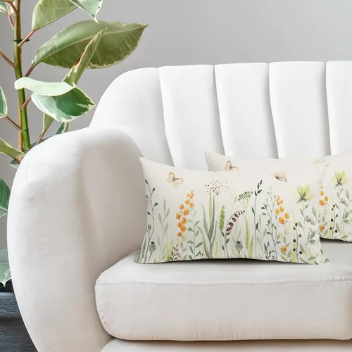Vista 5 de Kawani Fundas de almohadón lumbar florales para primavera y verano de 12x20 pulgadas, flores silvestres amarillas y hojas verdes con mariposas