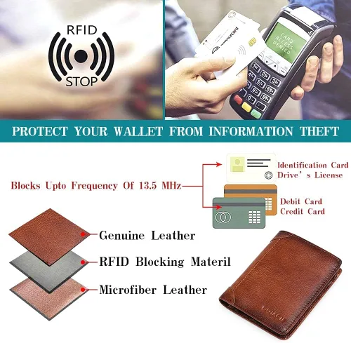 Vista 6 de GOIACII - Cartera de piel auténtica para hombre con bloqueo RFID con 2 ventanas de identificación 2 compartimentos para billetes tarjetas SIM