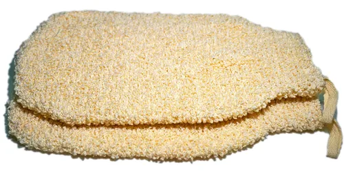 Vista 4 de Paquete de 2 guantes exfoliantes de fibra vegetal natural para ducha, guantes de baño de tela de rizo suave, guantes exfoliantes para el cuerpo