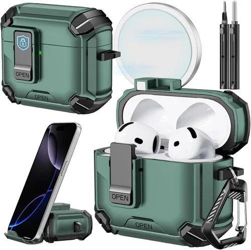 Vista 23 de Inesore Funda para AirPods Pro 1ª/2ª con bloqueo seguro (verde oscuro) Cubierta magnética de bloqueo automático con soporte para teléfono y kit
