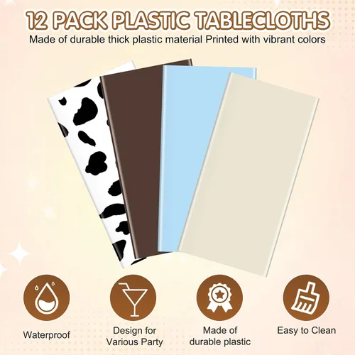 Vista 3 de Paquete de 12 manteles de plástico para baby shower de vaquero para mesas rectangulares, funda de mesa desechable con estampado de vaca, mantel