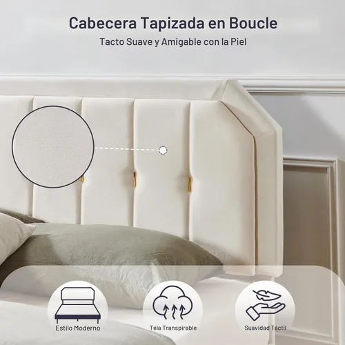 Vista 4 de Furnify Base de cama tamaño Queen, plataforma tapizada de terciopelo con ribete dorado, cama de estilo moderno con cabecera ajustable, no necesita