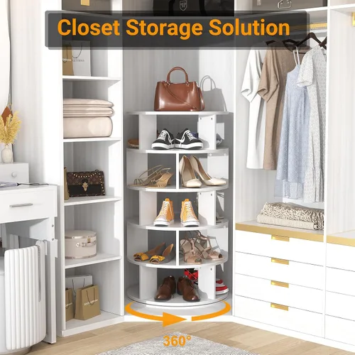 Vista 4 de Aheaplus Zapatero Giratório, Organizador de Zapatos de 5 Niveles de Madera para Clóset, Torre Giratoria de Zapatos de 360°, Estante de Blanco