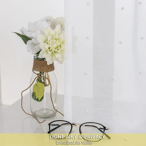 Vista 4 de Cortinas traslúcidas blancas de gasa con perlas blancas, paneles de tratamiento de ventanas, hermosas cortinas de gasa elegantes para sala de estar