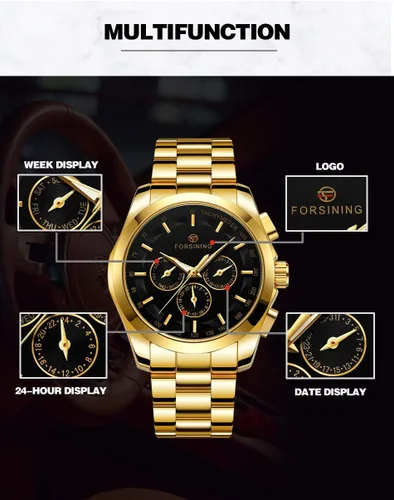Vista 5 de FORSINING - Reloj analógico de cuarzo para hombre, resistente al agua, con correa de acero inoxidable