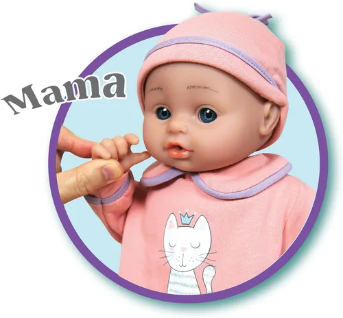 Vista 8 de Lissi: Muñeca Bebé Interactiva Jamie - 15" Gatito Rosa - Que Habla, 5 Sonidos de Bebé, Biberón, Babero, Chupete, Presiona Mano, Pies y Barriguita