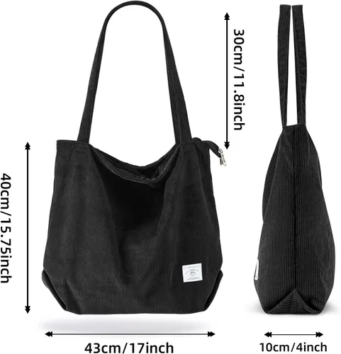 Vista 3 de KALIDI - Bolsa de pana para mujer, con cremallera, casual, de gran capacidad, con bolsillos