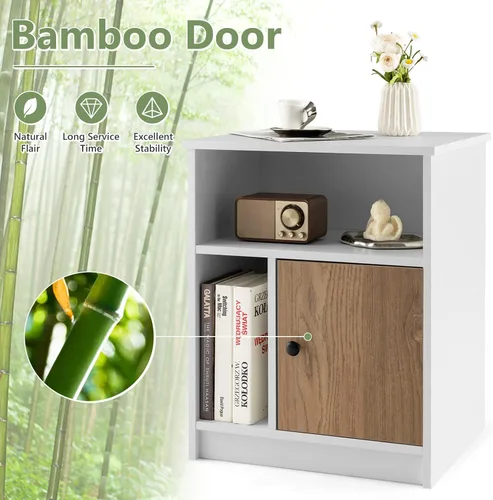 Vista 7 de Tangkula Juego de 2 mesitas de noche, mesa auxiliar de madera para sofá con puerta de bambú y compartimentos abiertos, mesa de noche multifuncional