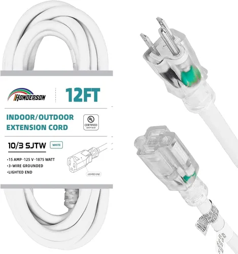 Vista 17 de Cable de extensión resistente a la intemperie con extremo iluminado, certificado UL, calibre 10, 3 pies, color blanco, 3 clavijas, resistente, cable