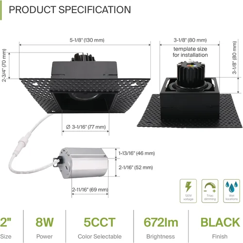 Vista 2 de ASD Lámpara de techo empotrable LED de cardán sin bordes de 2 pulgadas, luz descendente direccional ajustable con caja de conexiones, 5CCT