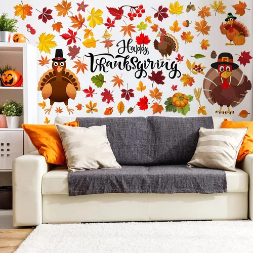 Vista 4 de Eersida 142 calcomanías de pared de Acción de Gracias, pavo, calcomanías de pared de hojas de otoño, calcomanías de pavo y hojas de arce, decoración
