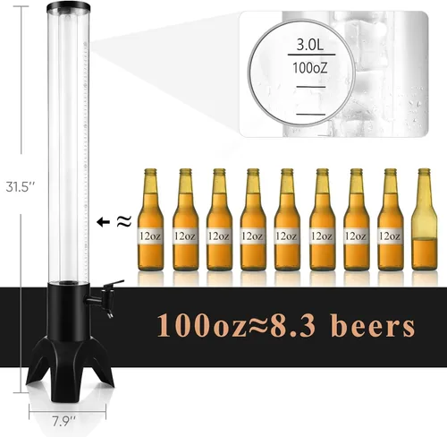 Vista 6 de Torre de bebidas, dispensador de torre de bebidas de 3 litros con tubo de hielo y luz LED, dispensador de cerveza de mesa de 3.17 cuartos de galón