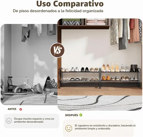 Vista 7 de Zapatero estándar de 2 niveles de 32.5 pulgadas de ancho, organizador de zapatos independiente para interiores y exteriores, estante de metal Negro
