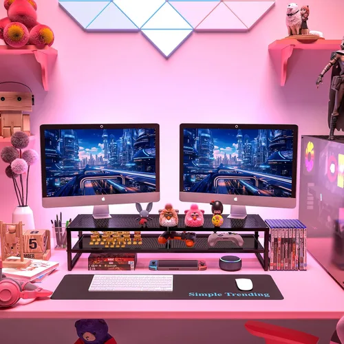 Vista 7 de Simple Trending - Soporte de dos niveles de metal para monitor dual, organizador de escritorio para oficina con alfombrilla para mouse de 32"x10