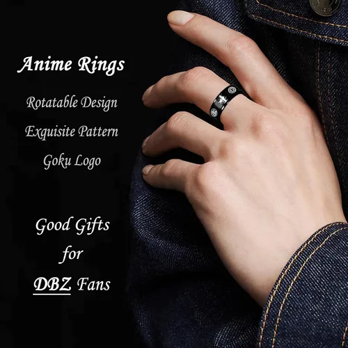 Vista 3 de YWDREAM Anillos de anime para hombres, joyería de anime, anillo giratorio de acero inoxidable negro, tamaño 6 a 13, Acero inoxidable, Resina