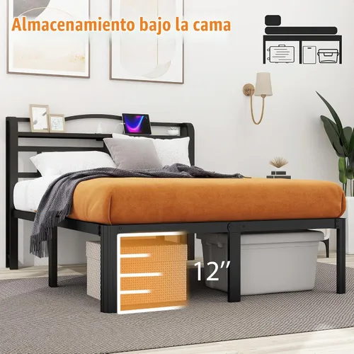 Vista 5 de Base de cama Queen con estación de carga y cabecero de 14 pulgadas, base de cama de metal grueso, base de colchón resistente, no necesita somier