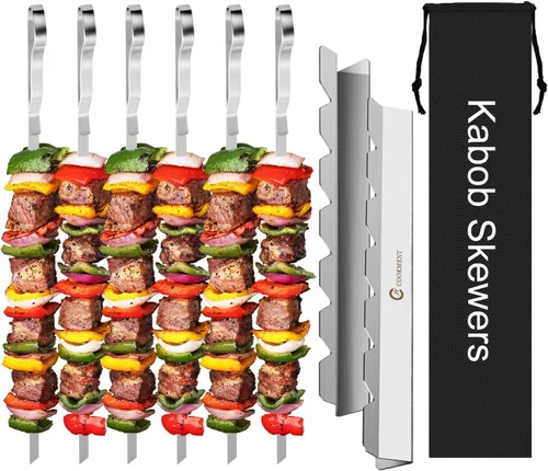 Vista 6 de Estante para brochetas de kebab - Estante de barbacoa de acero inoxidable compatible con brochetas de madera, redondas, metálicas, planas o de bambú