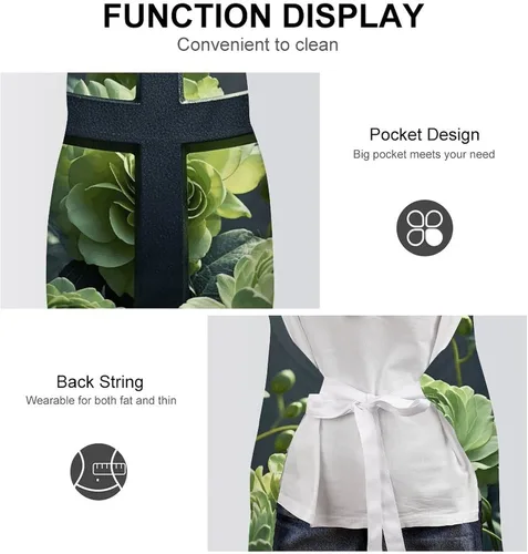 Vista 6 de MUSM Apron for Adults - 27.6 X 31.5 Inch, Heavy-Duty Polyester Aprons with Two Large Pockets, Waterproof Black Cross Among Green Flowers Kitchen