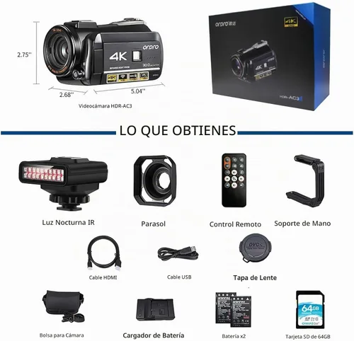 Vista 5 de Videocámara 4K ORDRO con visión nocturna, Cámara de video para Vlog, Caza de fantasmas, para YouTube, pantalla táctil IPS de 3.1’’, videocámara