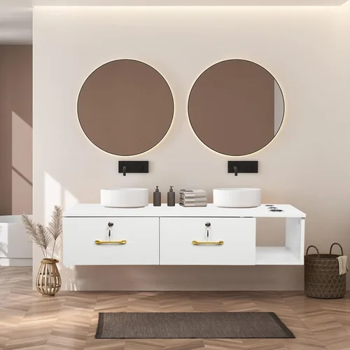 Vista 10 de Estación de peluquería de montaje en pared con 2 cajones de bloqueo y 3 agujeros, tocador de maquillaje flotante para peluquería de belleza, baño