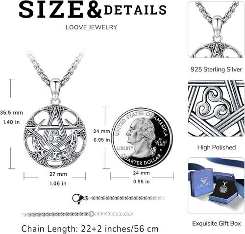 Vista 63 de Collar de pentagrama de plata de ley con triple luna, diosa celta, nudo celta, nudo de brujas, Ankh, sol y luna, Hécate, lilith, Santa Muerte