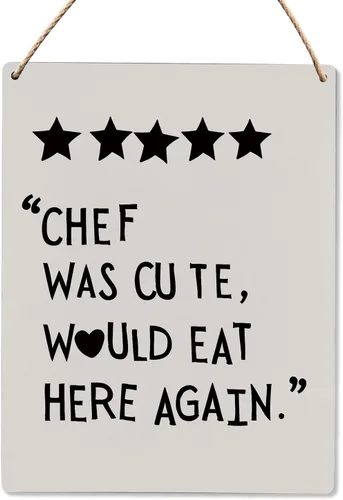 Vista 7 de Letrero colgante de madera con texto en inglés "Chef Was Cute Would Eat Here Again", divertida decoración de pared para comedor, comedor