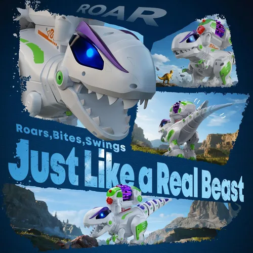 Vista 5 de Ruko 8809 Juguetes de dinosaurio para niños, gran T-Rex de control remoto recargable, con funciones programables, camina, ruge, ojos LED y disparo