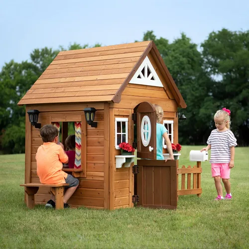 Vista 4 de Backyard Discovery Aspen - Casa de juegos de madera de cedro para niños tipo cabaña con cocina de juego, barra de aperitivos, banco de pícnic