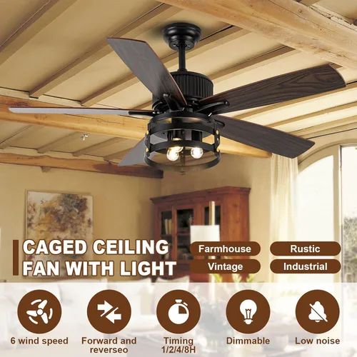 Vista 7 de Ventilador de techo de 52 pulgadas con luz, ventilador de techo de granja con 5 cuchillas de doble acabado de madera, ventilador de techo con motor