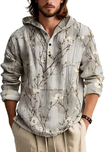 Vista 15 de Sudaderas con capucha con estampado floral retro para hombre, estilo bohemio, con botones, manga larga, sudaderas de gran