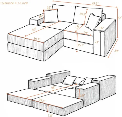 Vista 2 de Sofá modular de nube, sofá cama en forma de L con otomana extraíble, moderno sofá cama convertible tapizado para sala de estar, apartamento, espacio