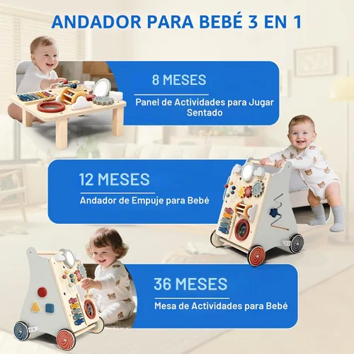 Vista 2 de 3 in 1 Wooden Baby Push Walker, Montessori Push Walker for Babies 12 Months Andador de bebé con centro de actividades, velocidad ajustable, sentarse