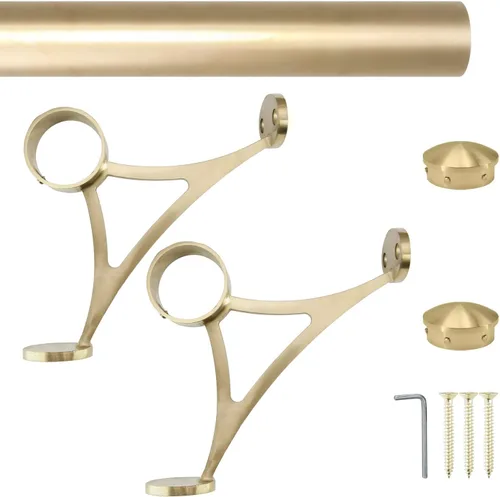 Vista 3 de Kit de riel de pie de montaje combinado, acabado dorado satinado, tubo de acero inoxidable de 2 pulgadas de diámetro exterior con conector interno