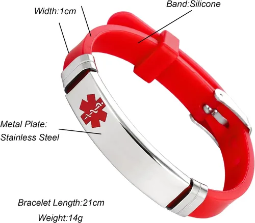 Vista 4 de TGLS Pulsera de identificación de alerta médica roja para mujer, acero inoxidable, para primeros auxilios de emergencia, alerta de salud, pulsera